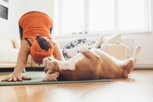 owner does downward dog while dog lays on the yoga mat